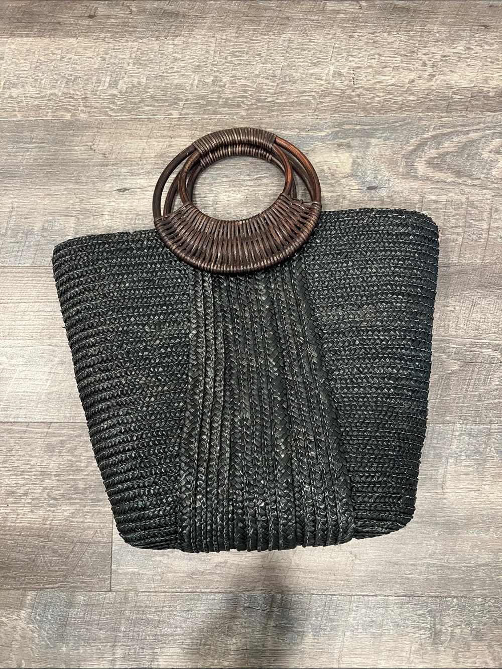 Black Woven Straw Tote with Brown Round Handles
